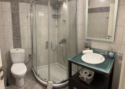 e bagno con doccia, servizi igienici e lavandino. di iasonas house a Città di Corfù