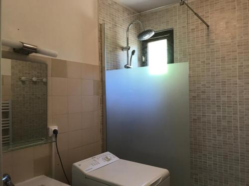 een badkamer met een toilet met een lamp bij La Saluade, pour curistes ou vacanciers in Gréoux-les-Bains