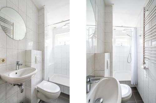two images of a bathroom with a sink and a toilet at Bosweg 18-B in Zoutelande