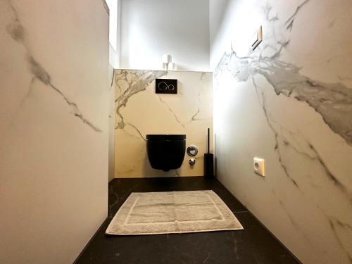 a bathroom with a toilet with a marble wall at Appartement Bergmann in Ebensee