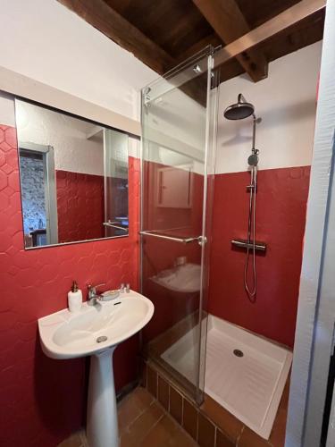 a bathroom with a sink and a shower at Petite Maison en Périgord Noir in Plazac