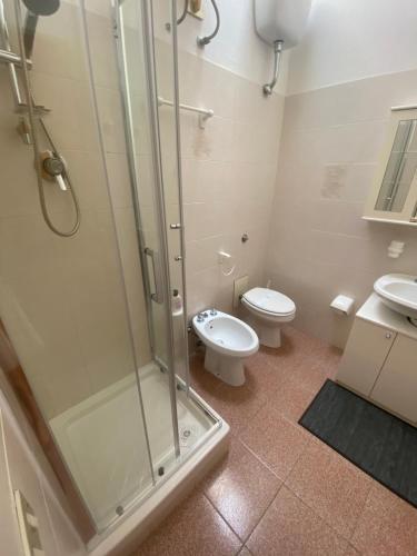 a bathroom with a shower and a toilet and a sink at Lemon Apartments in Villasimius