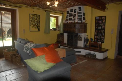 Le Buisson B&B في Gouvy: غرفة معيشة مع أريكة ومدفأة