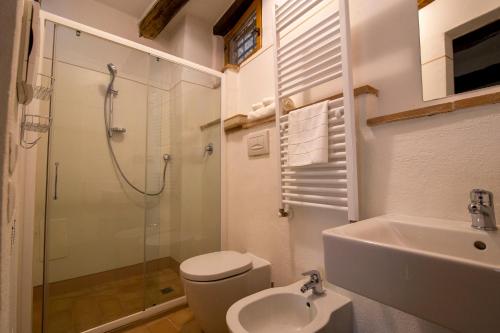 La salle de bains est pourvue de toilettes, d'un lavabo et d'une douche. dans l'établissement La Vernaccia - Torre del Colle, Bevagna, à Torre del Colle