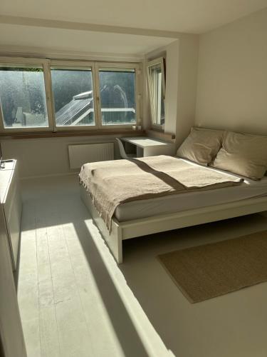 a bedroom with a large bed and windows at Casa Móre BEIGE in Niederalm
