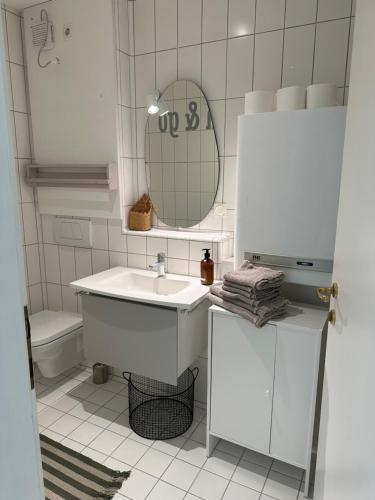 La salle de bains est pourvue d'un lavabo, d'un miroir et de toilettes. dans l'établissement Casa Móre BEIGE, à Niederalm