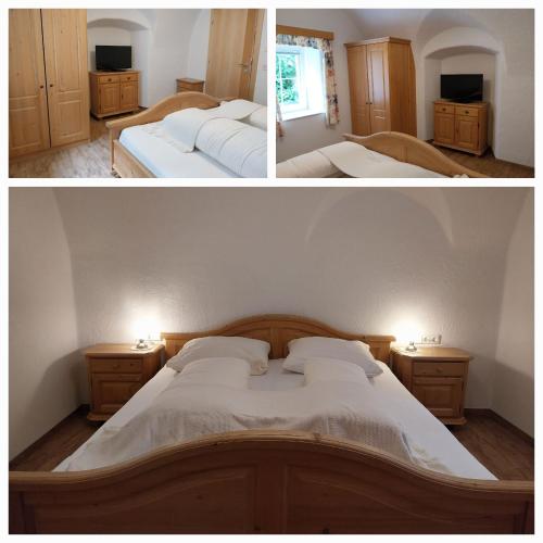 two pictures of a bedroom with a large bed at Waldner's Ferienwohnung in Hermagor