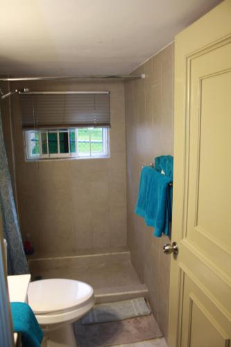 a bathroom with a sink and a shower with blue towels at Soleil Hartland 122 in Priory