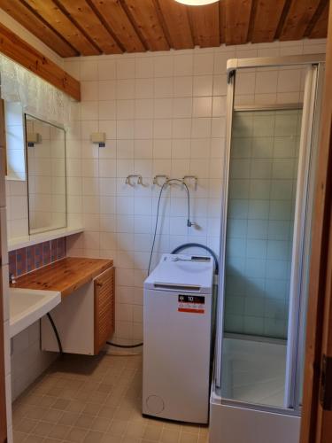 a bathroom with a shower and a small refrigerator at Tuiskupirtti in Saariselka