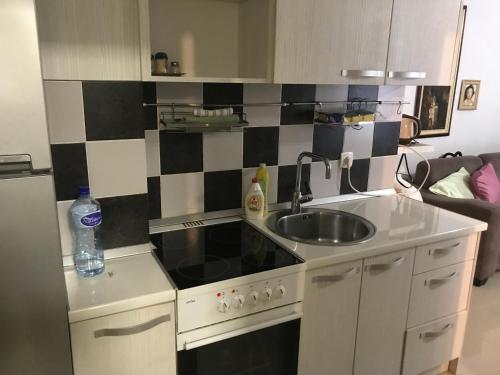 布德瓦Stan Budva - Potkosljun的带水槽和炉灶的厨房 顶部烤箱