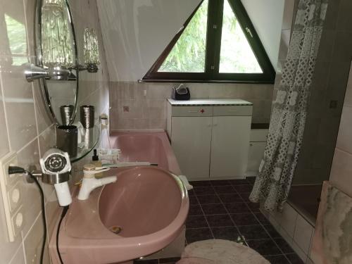 uma casa de banho com um lavatório rosa e uma janela em Märchenschloss em Hart bei Graz