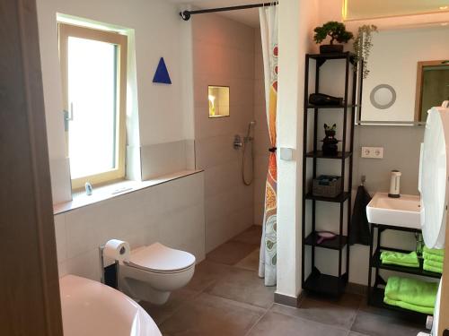 a bathroom with a toilet and a sink and a window at Ferienwohnung beim Mane in Schonstett
