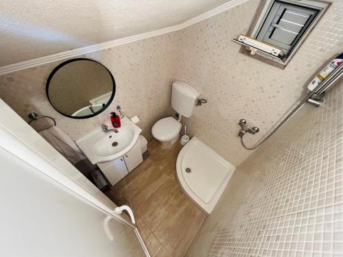 a small bathroom with a toilet and a mirror at Luštica Old House in Tivat