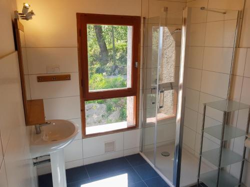 a bathroom with a sink and a shower and a window at La Brise, provenzialisches Appartement in Vence in Vence