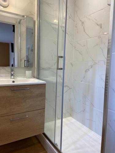 une salle de bain avec une douche en verre et un lavabo dans l'établissement Le Pti toulousain 23 Studio Centre, à Toulouse