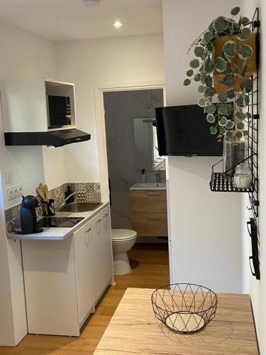 une cuisine blanche avec un évier et des toilettes dans l'établissement Le Pti toulousain 23 Studio Centre, à Toulouse