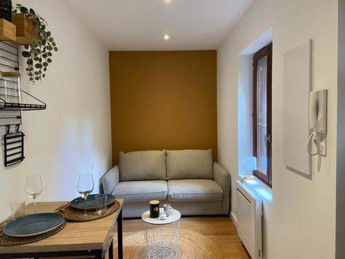 un salon avec un canapé et une table dans l'établissement Le Pti toulousain 23 Studio Centre, à Toulouse