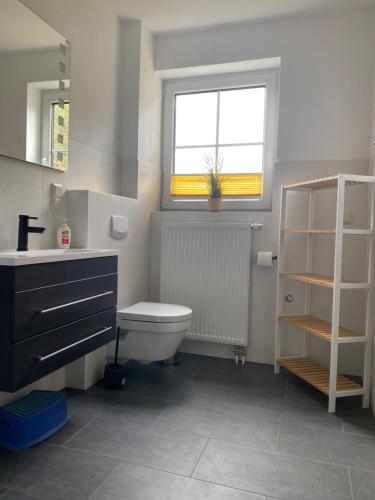 une salle de bain avec toilettes, lavabo et fenêtre dans l'établissement Gartenstraße 40d, à Karlshagen
