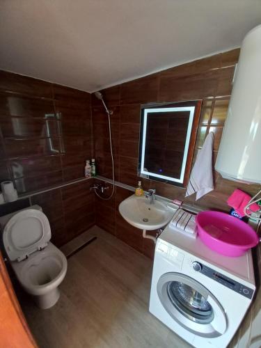 een badkamer met een wasmachine en een wastafel bij Old house7 in Bar