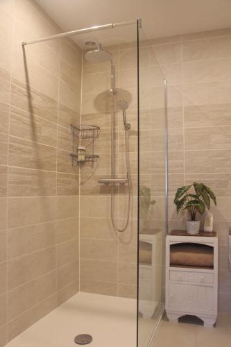 a shower with a glass door in a bathroom at Riverside Lodge in Chablis