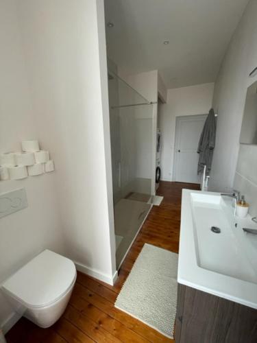 ein weißes Bad mit einem WC und einem Waschbecken in der Unterkunft maison 15 mins du Mans in La Suze-sur-Sarthe