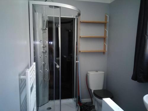 a bathroom with a glass shower and a toilet at Chaillot 6 in Saintes
