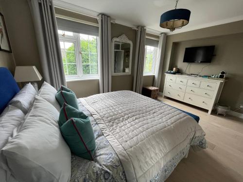 En-suite luxury large bedroom with parking and two tickets to Kew Gardens في Kew Gardens: غرفة نوم بسرير ومخدات وتلفزيون