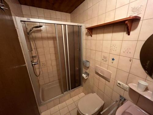 ein Bad mit einer Dusche und einem WC in der Unterkunft Weinfeldhof in Berchtesgaden