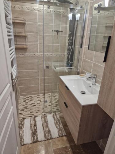 une salle de bain avec douche et lavabo dans l'établissement Maison a 200m de la plage, à Saint-Cyr-sur-Mer