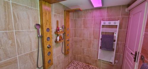 baño con ducha y puerta rosa en Chez Stephanie, en Châteauroux