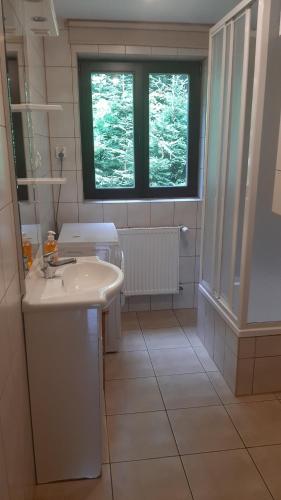 La salle de bains blanche est pourvue d'un lavabo et d'une fenêtre. dans l'établissement Chata Górska Sowa dla 12 osób, 4 sypialnie,salon z kominkiem, à Podgórzyn