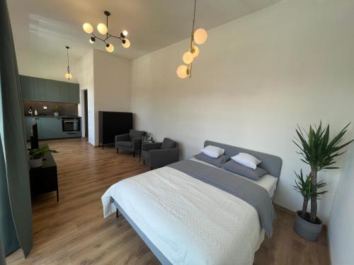 - une chambre avec un lit et un salon dans l'établissement Apartment YELLOW ROSE, Perfect Location with Free Parking, 24h Checkin & Balcony, à Piešťany