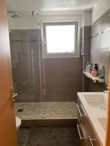 une salle de bain avec douche et toilettes et une fenêtre dans l'établissement appartement cosy à 100m de la plage, CLIM, WIFI, piscine, au Lavandou