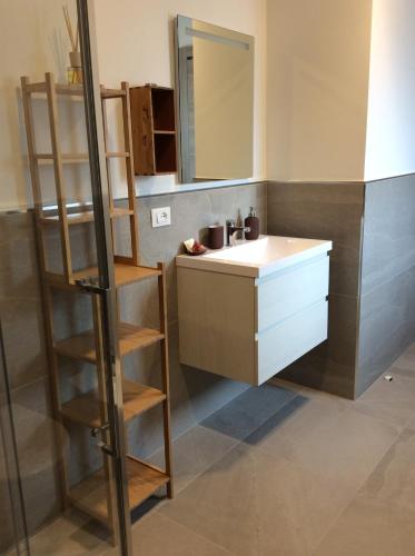een badkamer met een wastafel en een ladder naast een spiegel bij Al Borgo Appartamento in Venzone