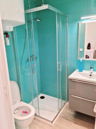 une salle de bain avec une douche, des toilettes et un lavabo dans l'établissement Mauvaise annonce, à Toulon
