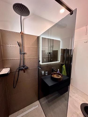 a bathroom with a shower with a sink and a mirror at Perla & Palma in Zaboric
