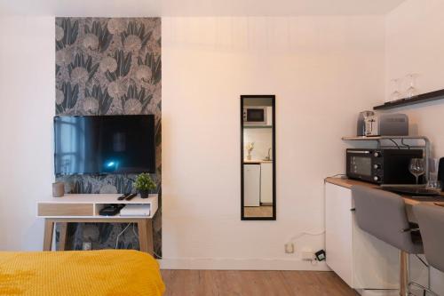 een kamer met een bed, een tv en een spiegel bij Le chevremont in Metz