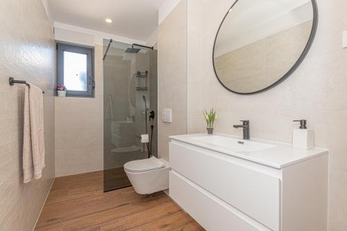 a bathroom with a sink and a toilet and a mirror at Villa Katarina Vodice in Vodice