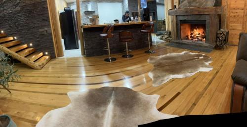 a living room with a fireplace and a rug on the floor at PARCELA DE AGRADO CON PISCINA LAGO RANCO todas las instalaciones con uso exclusivo capacidad 20 personas in Lago Ranco