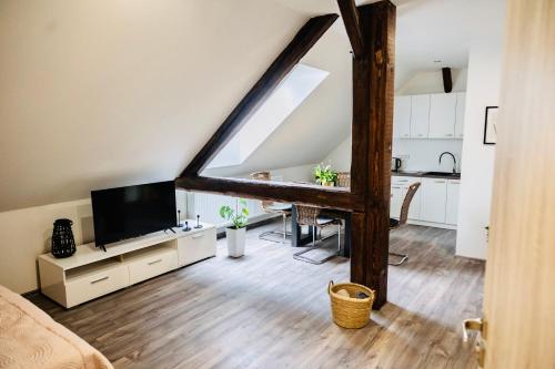 a living room with a flat screen tv and a kitchen at ŠUMAVSKÝ DVŮR in Sušice