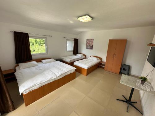 a bedroom with two beds and a television in it at Vila Dzenana Boracko Jezero in Konjic