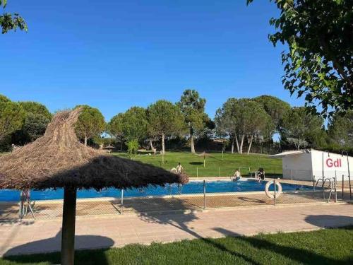 a swimming pool with a straw umbrella and a field at Agradable casa con chimenea interior y barbacoa. in Graja de Iniesta