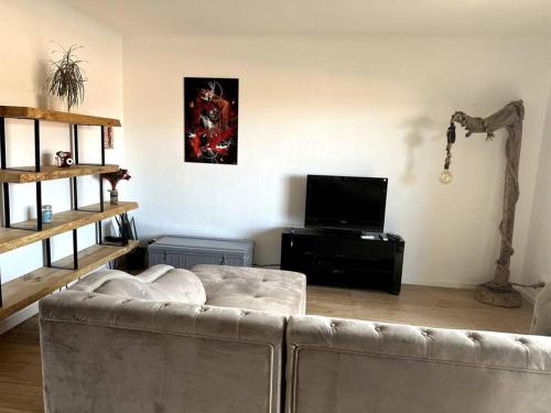 a living room with a couch and a television at Appartement Cosy Calao - Parking fermé gratuit in Perpignan