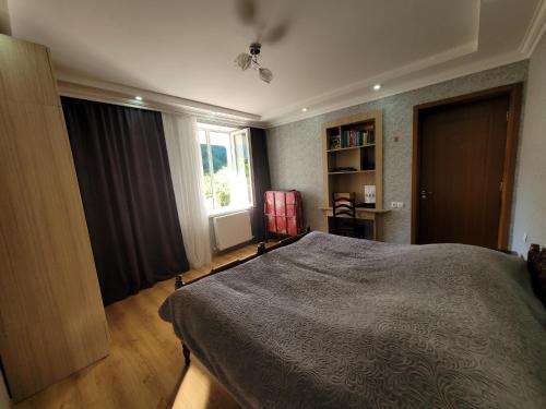 a bedroom with a large bed and a window at Family hotel mountain panorama in Borjomi
