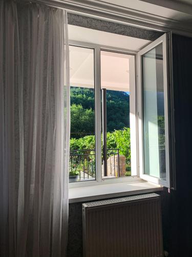 a window with a view of a balcony at Family hotel mountain panorama in Borjomi
