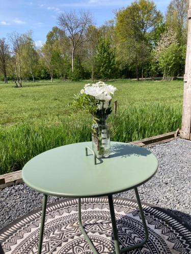 een tafel met een vaas met bloemen erop bij Tiny house Giethoorn in Giethoorn