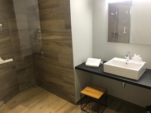 een badkamer met een wastafel en een douche bij Hotel La Librairie in Durbuy