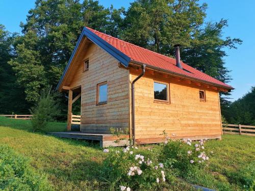 een klein huisje met een rood dak op een heuvel bij Lesena hiška čebelnjak in Loče pri Poljčanah