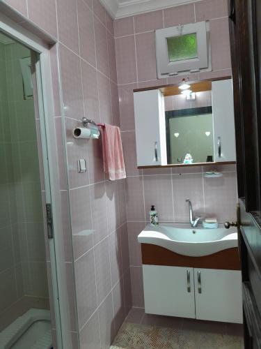 een badkamer met een wastafel en een spiegel bij Doğa manzaralı ev 