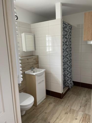 een kleine badkamer met een toilet en een wastafel bij Ten Dom in Międzyzdroje
